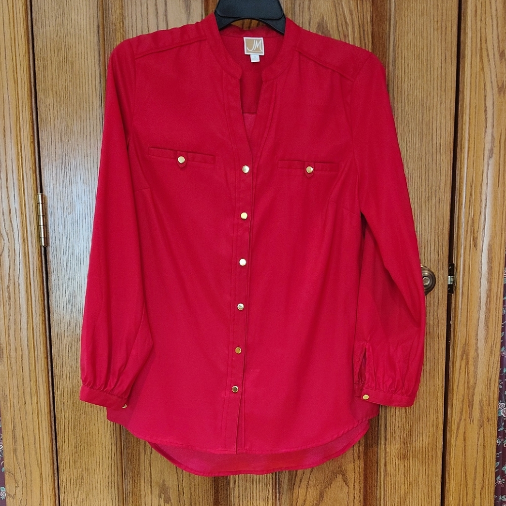 Woman's Elegant JM Collection Red Blouse w/Gold Buttons 12